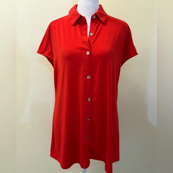 XS H By Halston Red Dolman Shirt Sleeve Button Front Blouse - Picture 3 of 13